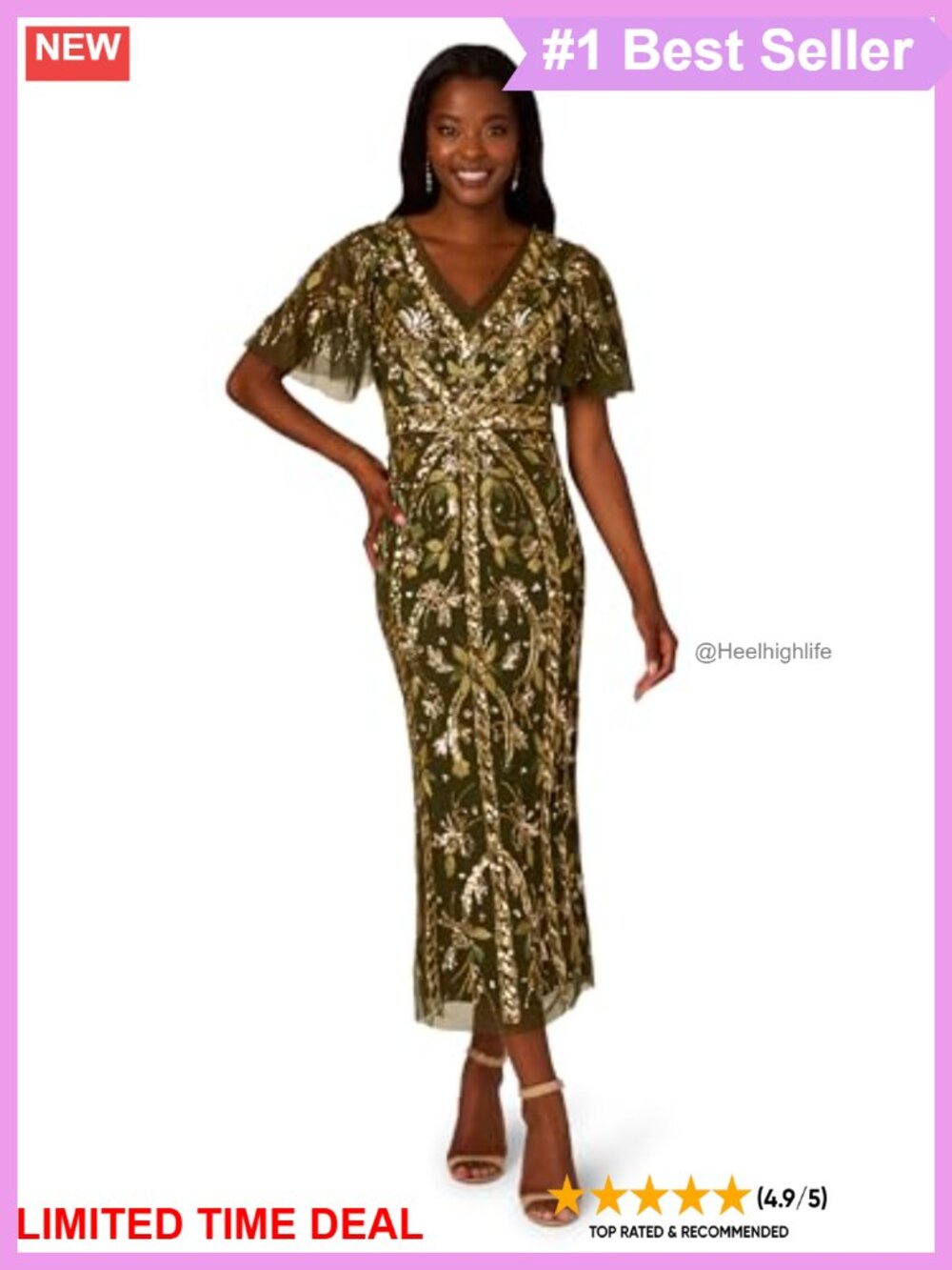 Beaded Flutter Sleeve V-Neck Column Gown Formal Evening Dress